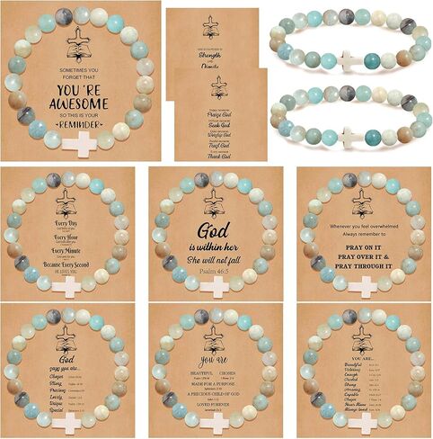 COLOYAN 9Pcs Cross Natural Stone Bracelets for Women, 8mm Stone Beaded Cross Bracelet for Mother Grandma Wife, with 9 Meaningful Card Inspirational in Kuwait