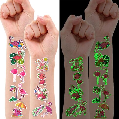 96 PCS Flamingo Pre-Cut Temporary Sticker Hawaiian Summer Tropical Luau Birthday Supplies Favors Gifts Girls Boys Baby Showers Prizes Cute Tattoo School Reward Themed in Kuwait