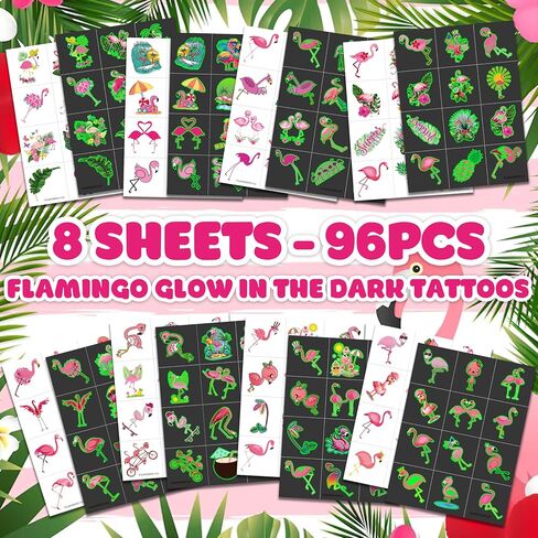 96 PCS Flamingo Pre-Cut Temporary Sticker Hawaiian Summer Tropical Luau Birthday Supplies Favors Gifts Girls Boys Baby Showers Prizes Cute Tattoo School Reward Themed in Kuwait