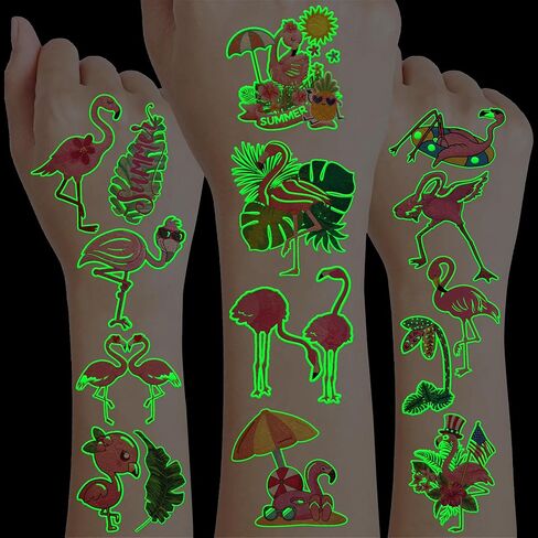 96 PCS Flamingo Pre-Cut Temporary Sticker Hawaiian Summer Tropical Luau Birthday Supplies Favors Gifts Girls Boys Baby Showers Prizes Cute Tattoo School Reward Themed in Kuwait