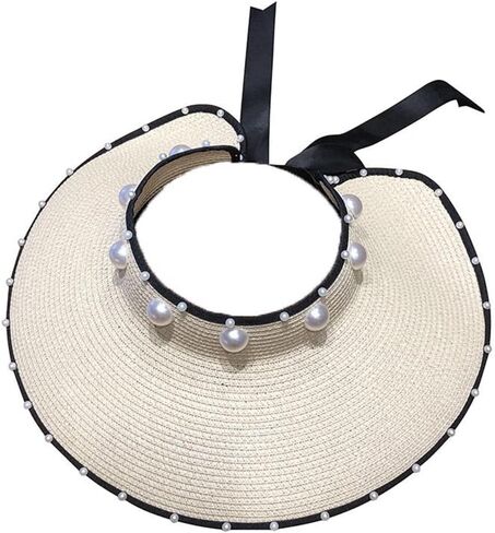 كلاسيكي أبيض كبير الحافة جوفاء أعلى القش القبعة لؤلؤة شمس القبعات السفر الساحلية Sunshade Cap قابلة للطي القوس الأسود القوس قبعة الشاطئ in Saudi Arabia