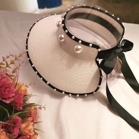 كلاسيكي أبيض كبير الحافة جوفاء أعلى القش القبعة لؤلؤة شمس القبعات السفر الساحلية Sunshade Cap قابلة للطي القوس الأسود القوس قبعة الشاطئ in Saudi Arabia