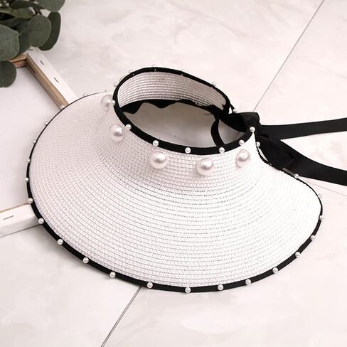 كلاسيكي أبيض كبير الحافة جوفاء أعلى القش القبعة لؤلؤة شمس القبعات السفر الساحلية Sunshade Cap قابلة للطي القوس الأسود القوس قبعة الشاطئ in Saudi Arabia