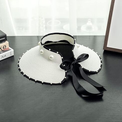 كلاسيكي أبيض كبير الحافة جوفاء أعلى القش القبعة لؤلؤة شمس القبعات السفر الساحلية Sunshade Cap قابلة للطي القوس الأسود القوس قبعة الشاطئ in Saudi Arabia