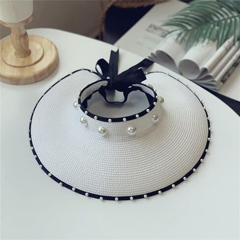 كلاسيكي أبيض كبير الحافة جوفاء أعلى القش القبعة لؤلؤة شمس القبعات السفر الساحلية Sunshade Cap قابلة للطي القوس الأسود القوس قبعة الشاطئ in Saudi Arabia