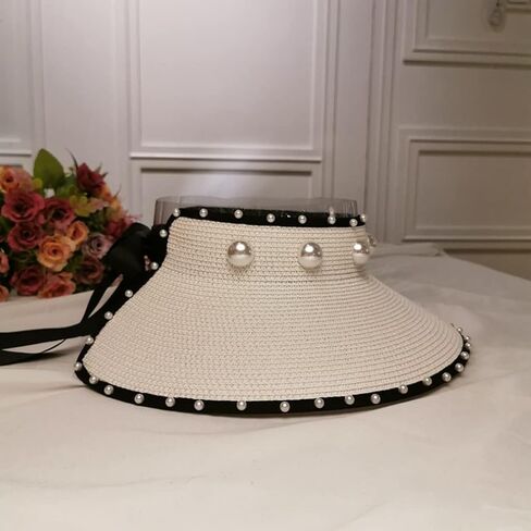 كلاسيكي أبيض كبير الحافة جوفاء أعلى القش القبعة لؤلؤة شمس القبعات السفر الساحلية Sunshade Cap قابلة للطي القوس الأسود القوس قبعة الشاطئ in Saudi Arabia