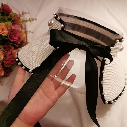 كلاسيكي أبيض كبير الحافة جوفاء أعلى القش القبعة لؤلؤة شمس القبعات السفر الساحلية Sunshade Cap قابلة للطي القوس الأسود القوس قبعة الشاطئ in Saudi Arabia