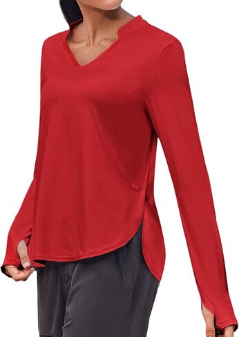 قمصان اليوغا الرياضية للسيدات من PINSPARK بأكمام طويلة ورقبة على شكل حرف V مع فتحات للإبهام، قمصان رياضية سريعة الجفاف وفضفاضة in Kuwait