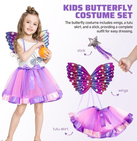 مجموعة الأزياء الخيالية: Fairy Butterfly Wings Princess Wand Tutu Skirt Outfit for Girls Dress Up Halloween Party in Saudi Arabia