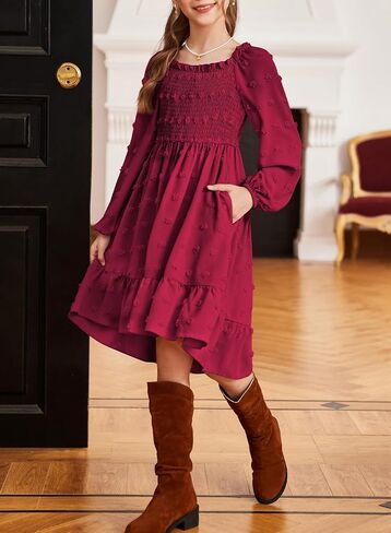 blibean Girls 2025 Long Sleeve Dresses Tween Polka Dots Pockets Dress Size 6-15 Years in Saudi Arabia