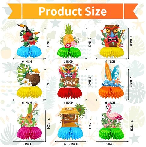 9 أجهزة كمبيوتر مثقلة هاواي لوا قرص العسل المركزية ديكور ، ديكورات الحفلات الاستوائية ، قناع تيكي ، فلامنغو ، أناناس ، وحلي لوحات ركوب الأمواج لإمدادات الحفلات الشاطئية الصيفية in Kuwait