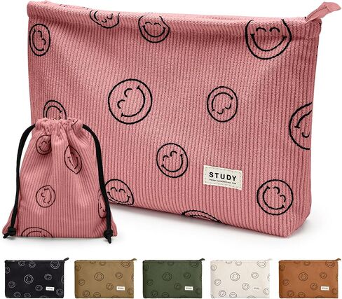 WLLWOO Makeup Bag-2pcs Smile Face Corduroy Cosmetic Bag Zipper Interior Waterproof Pencil Case Coin Purse Travel Toiletry Small Makeup Pouch For Women in Kuwait