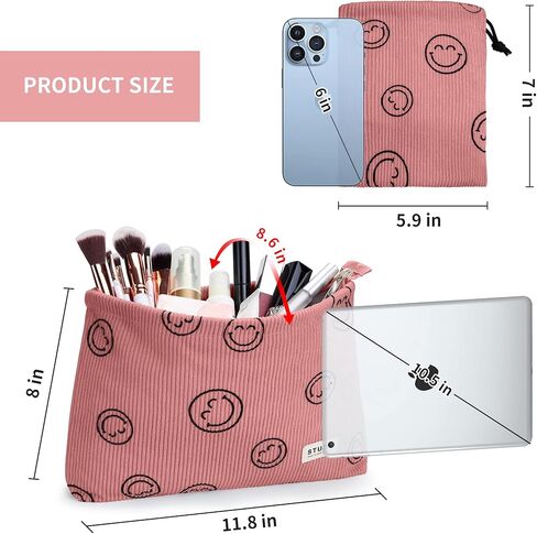 WLLWOO Makeup Bag-2pcs Smile Face Corduroy Cosmetic Bag Zipper Interior Waterproof Pencil Case Coin Purse Travel Toiletry Small Makeup Pouch For Women in Kuwait