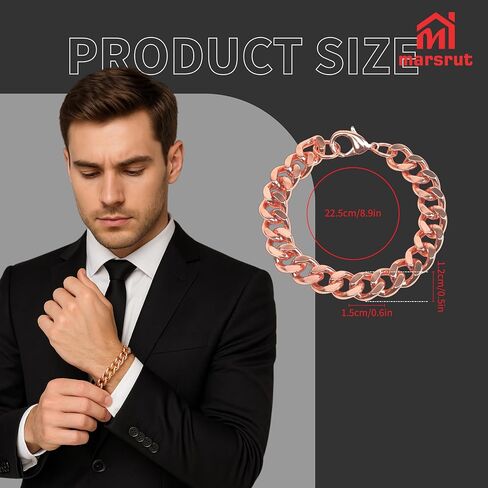 Copper Bracelets for Men, 9 Inch Long Link Bracelet, Pure Plated Copper Wide Chain, Solid Color for Mens, Valentine Men's Gift, Women, Health Jewelry, 1.2cm (0.5") Widest Design in Saudi Arabia