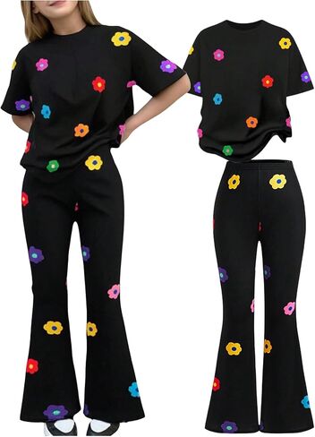 Verdusa Girl's 2 Piece Summer Outfits Floral Graphic Tees with Bell Bottom Flare Pants Clothing Sets in Saudi Arabia