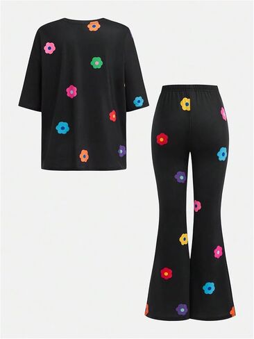Verdusa Girl's 2 Piece Summer Outfits Floral Graphic Tees with Bell Bottom Flare Pants Clothing Sets in Saudi Arabia
