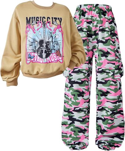 COZYEASE Girl's 2 Pieces Outfits Graphic Long Sleeve Crewneck Sweatshirt and Camo Cargo Pants Set in Saudi Arabia