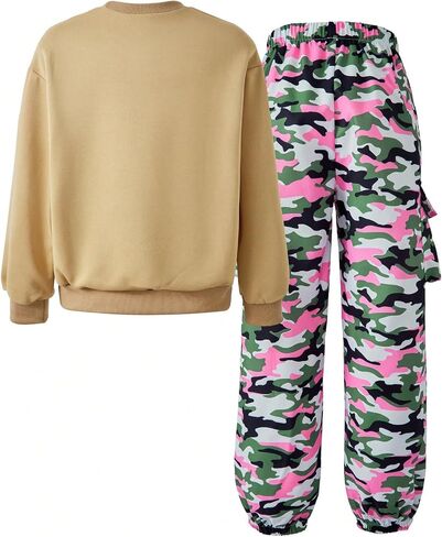 COZYEASE Girl's 2 Pieces Outfits Graphic Long Sleeve Crewneck Sweatshirt and Camo Cargo Pants Set in Saudi Arabia
