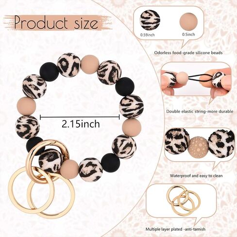 BAOSIWA Silicone Beaded Keychain Wristlet Key Ring Bracelet with 2 Keyrings for Women Girls, Fits for Small Wrists in Kuwait