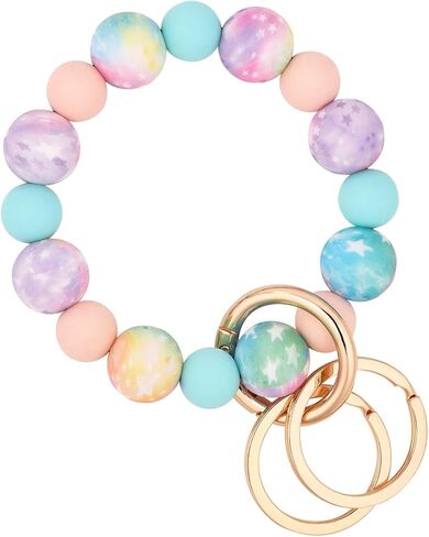 BAOSIWA Silicone Beaded Keychain Wristlet Key Ring Bracelet with 2 Keyrings for Women Girls, Fits for Small Wrists in Kuwait
