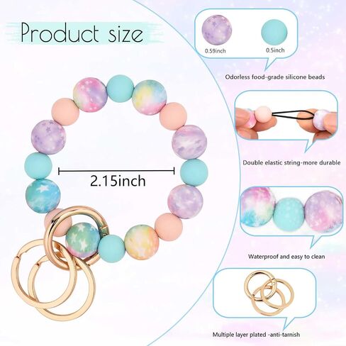 BAOSIWA Silicone Beaded Keychain Wristlet Key Ring Bracelet with 2 Keyrings for Women Girls, Fits for Small Wrists in Kuwait