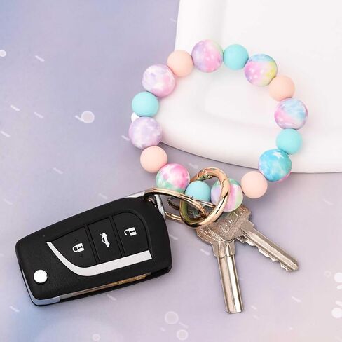 BAOSIWA Silicone Beaded Keychain Wristlet Key Ring Bracelet with 2 Keyrings for Women Girls, Fits for Small Wrists in Kuwait