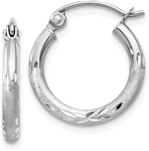 14k White Gold Satin and Engraved Hoop Earrings with Click-Down Clasp, 0.6 Inch (15mm) (2mm Tube) in Saudi Arabia