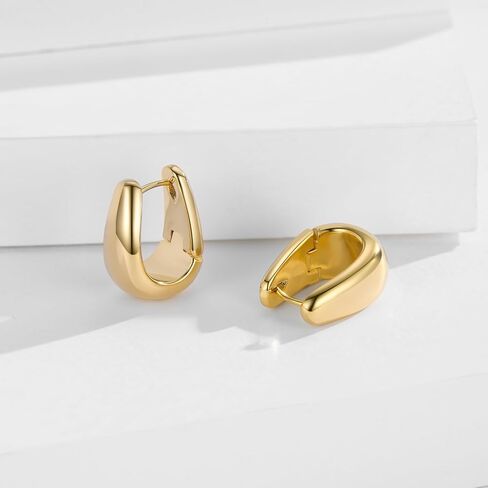 Small Chunky Hoop Earrings for Women 14k Real Gold Plated 925 Sterling Silver Post Oval Hoop Earrings Hypoallergenic Thick Huggie Hoops Earrings Jewelry Gifts for Women in Kuwait