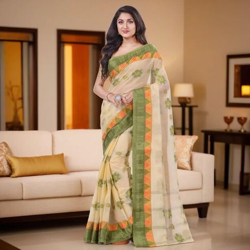 Women's Traditional Bengal Fuleswari Woven Designer Pure Handloom Cotton Saree Without Blouse Piece 5.6 Mtr in Saudi Arabia
