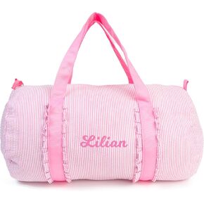 Girl Personalized Seersucker Overnight Duffle Bag - Small Ballet Dance Weekender With Ruffle for Toddler Girls (Pink) in Saudi Arabia