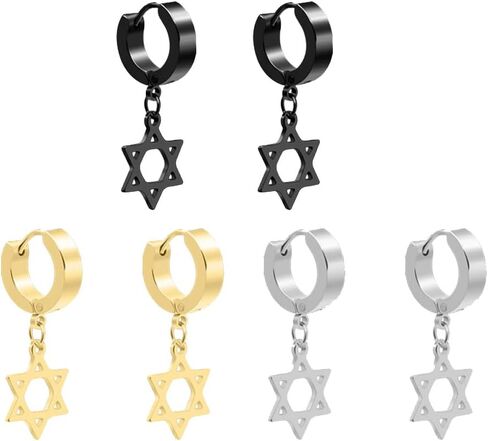 3 Pairs Set Stainless Steel Star of David Cross Hinged Hoop Earrings for Women Men in Kuwait