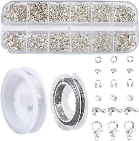 1 Box 1242Pcs Crimp Beads Supplies Jewelry Making Kits Bead Knot Covers Include Wire Guardian Crimp Covers Tubes Clasps Closures Jump Rings Findings for DIY Necklace Bracelet Beading Crafting in Saudi Arabia
