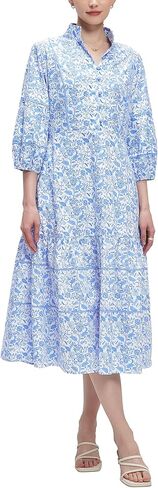 D-Sun Women V-Neck Floral Maxi Dress Elegant Printed Button Down Puff Sleeve Tiered A-Line Flowy Party Long Dress with Pocket in Saudi Arabia