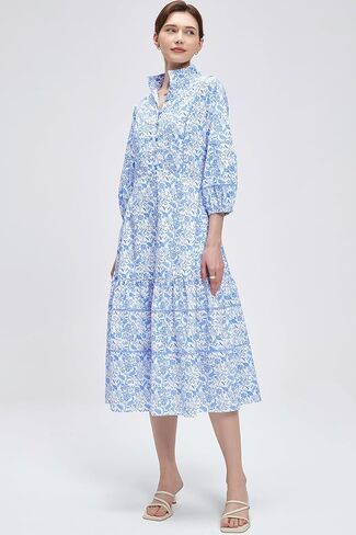 D-Sun Women V-Neck Floral Maxi Dress Elegant Printed Button Down Puff Sleeve Tiered A-Line Flowy Party Long Dress with Pocket in Saudi Arabia