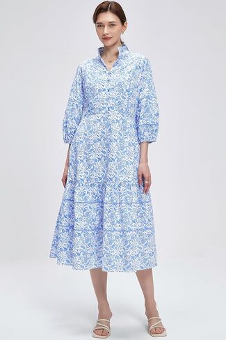 D-Sun Women V-Neck Floral Maxi Dress Elegant Printed Button Down Puff Sleeve Tiered A-Line Flowy Party Long Dress with Pocket in Saudi Arabia
