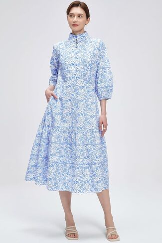 D-Sun Women V-Neck Floral Maxi Dress Elegant Printed Button Down Puff Sleeve Tiered A-Line Flowy Party Long Dress with Pocket in Saudi Arabia