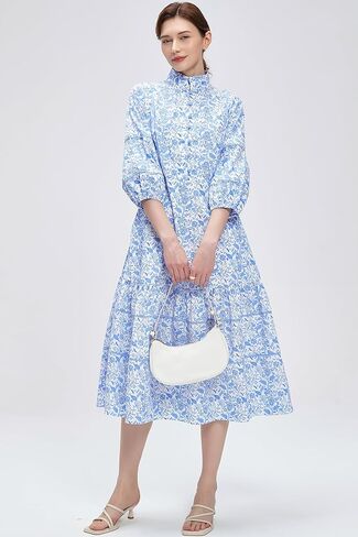 D-Sun Women V-Neck Floral Maxi Dress Elegant Printed Button Down Puff Sleeve Tiered A-Line Flowy Party Long Dress with Pocket in Saudi Arabia