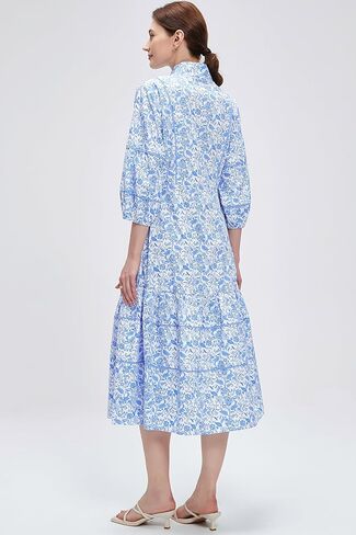 D-Sun Women V-neck Floral Maxi Dress Bruty Alegant Print Button Down Puff Tiered A-Line Party Party Bress Bress Bress in Kuwait