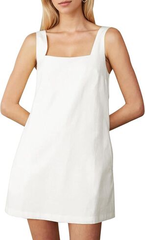 Summer Sleeveless Cotton Linen Mini Dresses for Women Casual Square Neck Backless Short Dress Solid Tank Shift Dress in Saudi Arabia