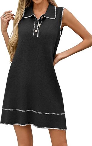 Wenrine Womens Slobess Mini Dress Discal Collared V الرقبة على تباين غرزة فضفاضة الصيف فساتين الخزان in Saudi Arabia