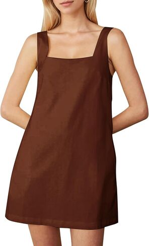Summer Sleeveless Cotton Linen Mini Dresses for Women Casual Square Neck Backless Short Dress Solid Tank Shift Dress in Saudi Arabia
