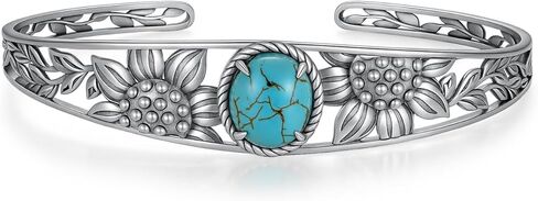 سوار عباد الشمس الفيروز 925 الفضة الإسترليني الفضية الأصلية في الفيروز سوار الكفة الطبيعة الغربية الأحجار الكريمة هدايا المجوهرات للنساء in Kuwait