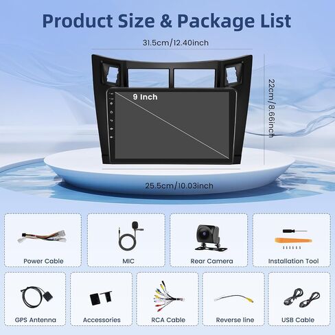 Hikity Android Car Stereo for Toyota Yaris 2008-2011 Radio 2+64GB 9 بوصة تعمل باللمس راديو السيارة اللاسلكي Carplay Android Auto دعم GPS Navigation WiFi Bluetooth FM EQ كاميرا احتياطية in Kuwait