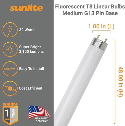 Sunlite 30246 F32T8/SP850 4 Foot T8 Linear Fluorescent Light Bulb, 32 Watts, 3050 Lumens, Medium Bi-Pin (G13) Base, 5000K Daylight, High Performance, 10 Pack in Saudi Arabia