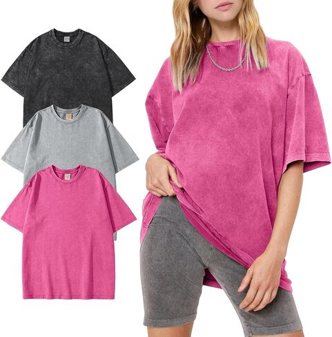 PEHMEA 3 Pcs Women's Oversized T-Shirts Cotton Short Sleeve Vintage Washed Baggy Boyfriend Streetwear Summer Tops in Kuwait
