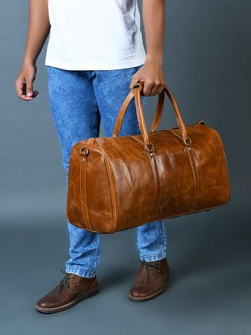 Duffle Bag For Men and Women, 21 Inch Vintage Buffalo Leather Travel Duffle Bag, Genuine Carry On Overnight Bag, Weekender Gym Bag with Shoulder Strap, Carry on Airplane Luggage Bags in Saudi Arabia