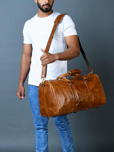 Duffle Bag For Men and Women, 21 Inch Vintage Buffalo Leather Travel Duffle Bag, Genuine Carry On Overnight Bag, Weekender Gym Bag with Shoulder Strap, Carry on Airplane Luggage Bags in Saudi Arabia