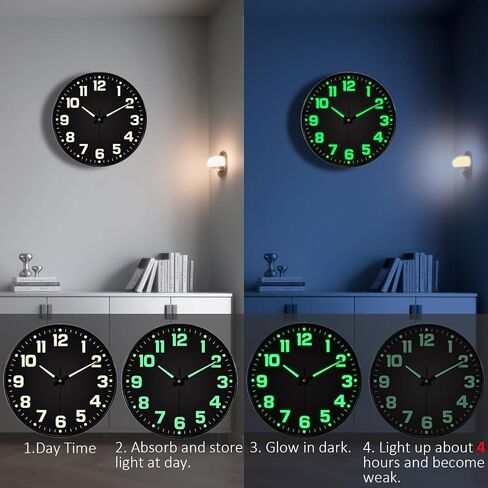 Glow in The Dark Wall Clock, 8" Silent Non-Ticking Wall Clocks Battery Operated, Large Easy Read Numbers Tempered Glass Night Light Analog Clock for Bedroom Living Room Kitchen Office, Black in Kuwait