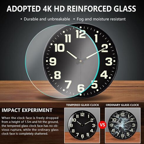 Glow in The Dark Wall Clock, 8" Silent Non-Ticking Wall Clocks Battery Operated, Large Easy Read Numbers Tempered Glass Night Light Analog Clock for Bedroom Living Room Kitchen Office, Black in Kuwait