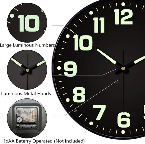 Glow in The Dark Wall Clock, 8" Silent Non-Ticking Wall Clocks Battery Operated, Large Easy Read Numbers Tempered Glass Night Light Analog Clock for Bedroom Living Room Kitchen Office, Black in Kuwait